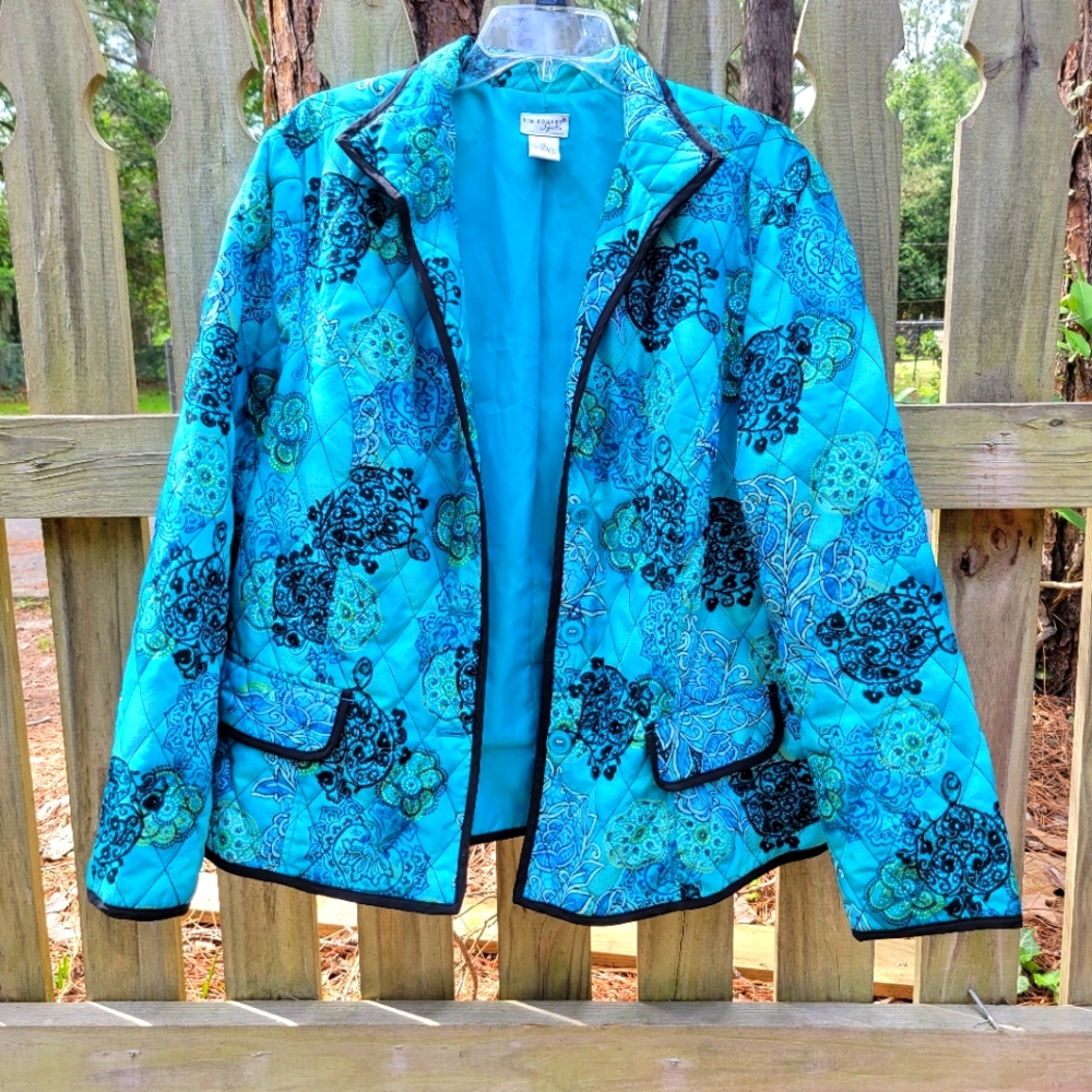 Kim Rodgers Signature Blue and Black Boho Print Quilted Jacket, Sz XL